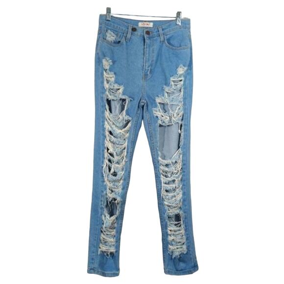 A Vibrant MIU Light Wash High Rise Waist Distressed Ripped Blue Denim Jeans 7 27 - Picture 1 of 10